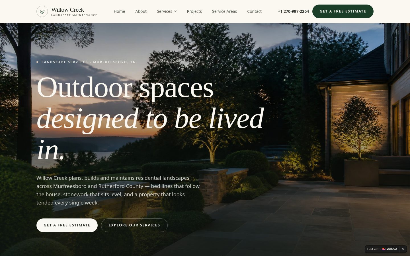 Homepage banner of the Willow Creek Landscape Maintenance website