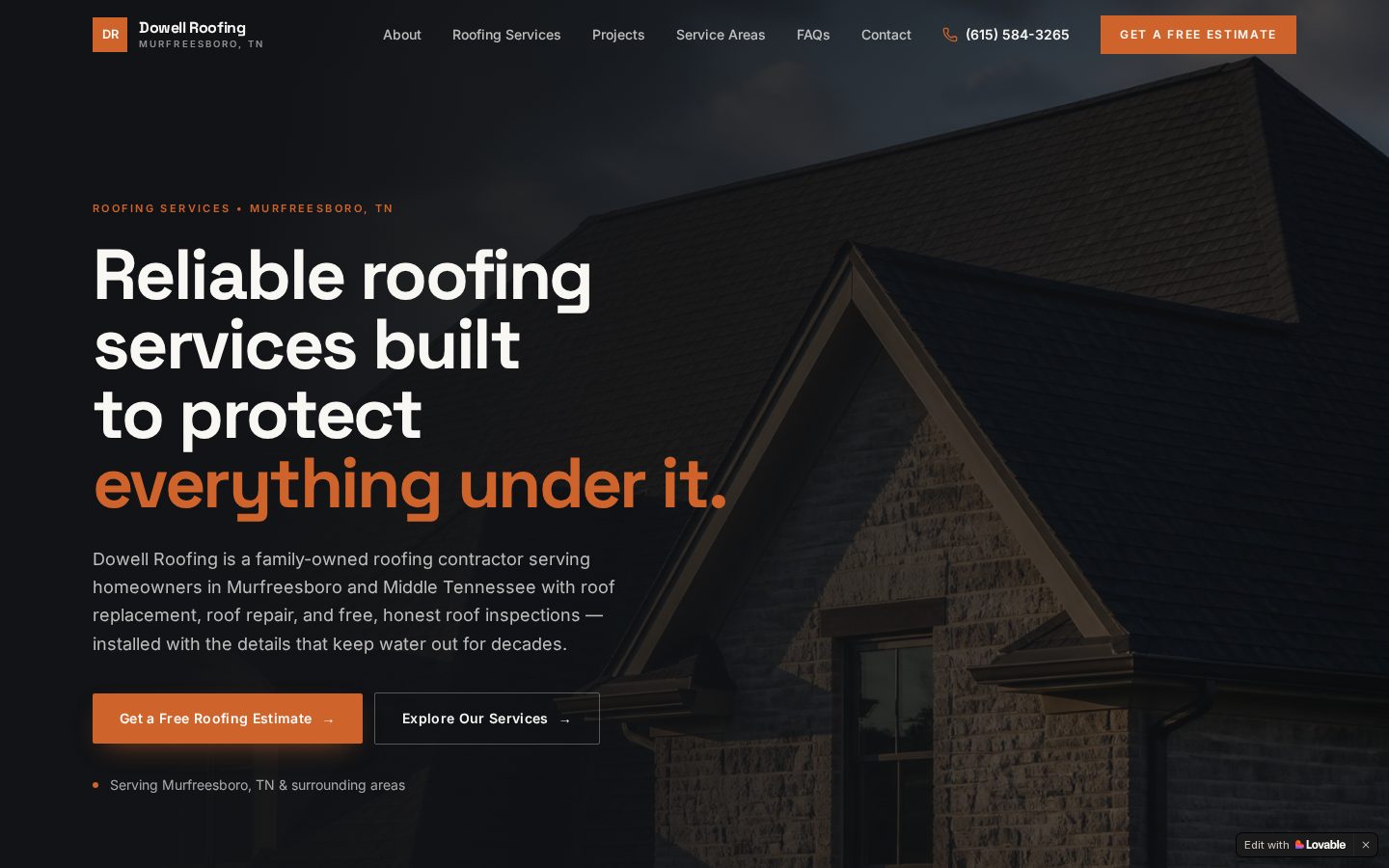 Homepage banner of the Dowell Roofing website