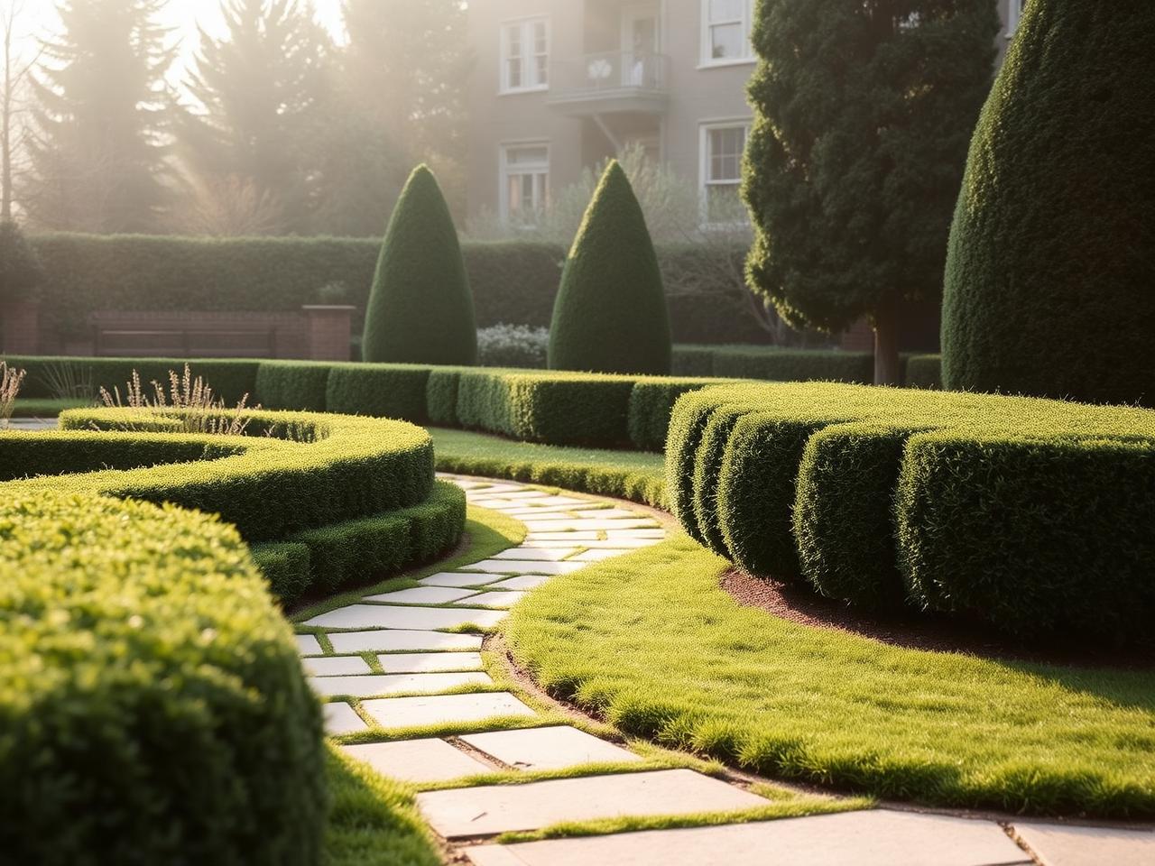 Manicured landscaped garden with stone pathway and trimmed hedges