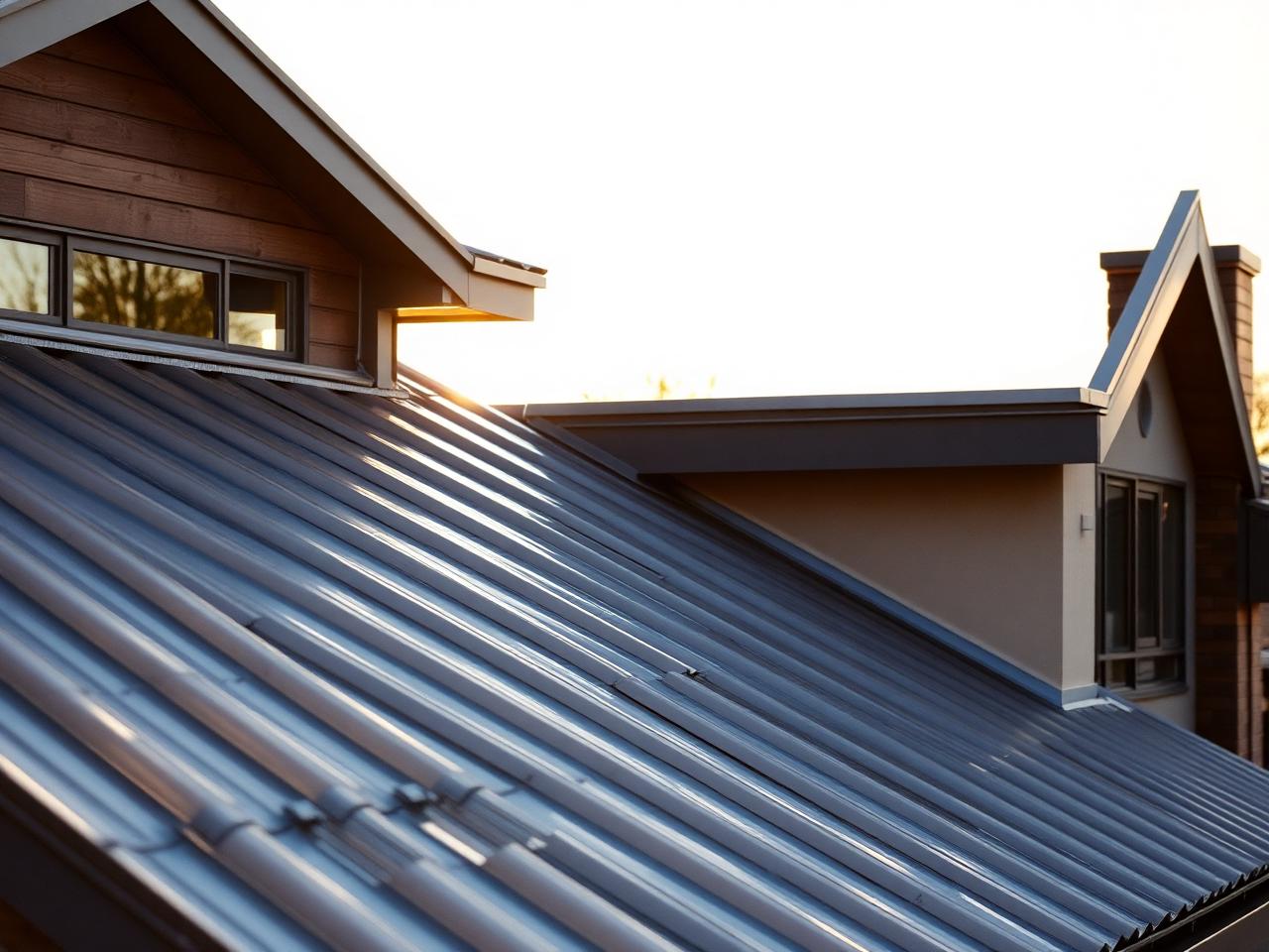 Modern metal roof on a residential home at sunset